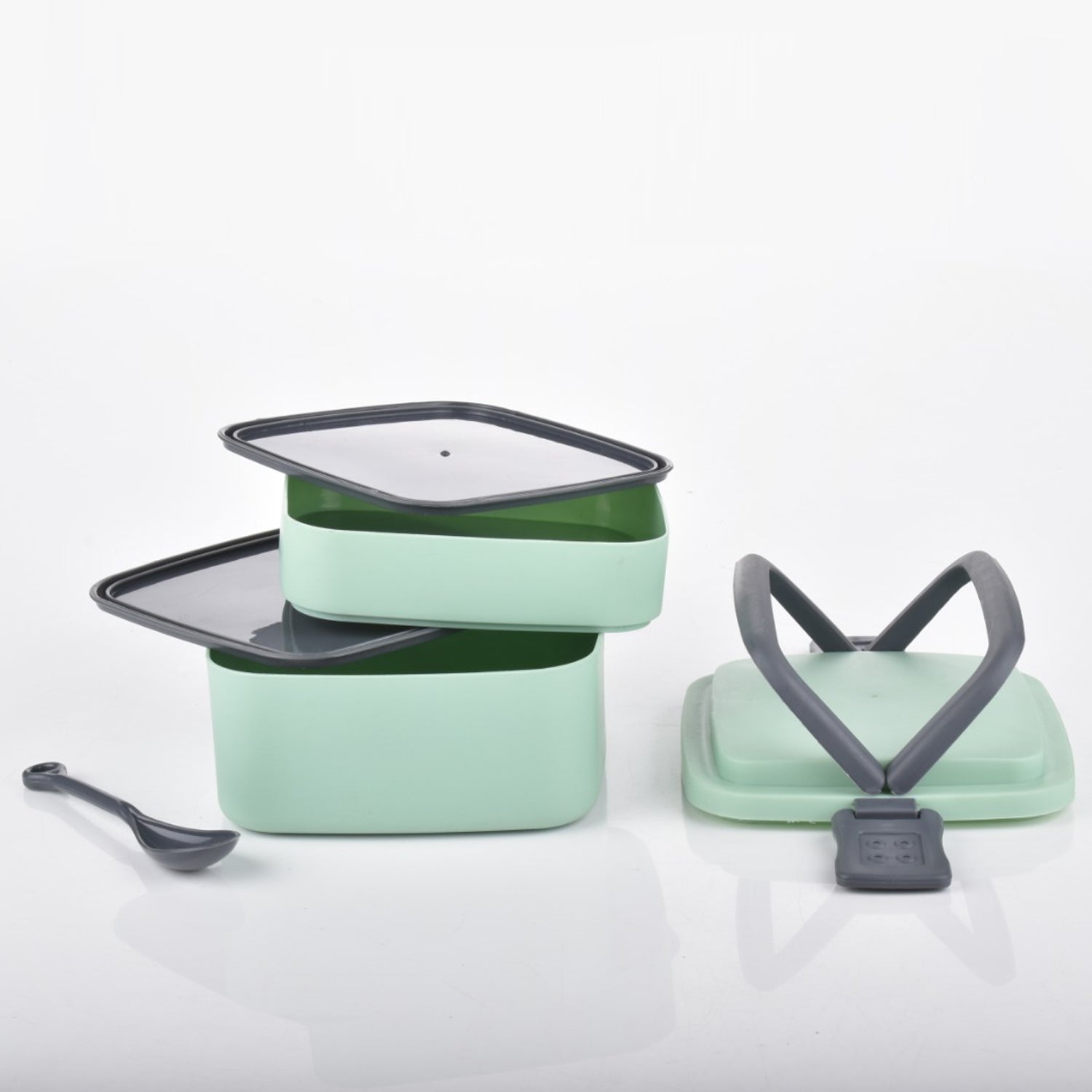 2837 Green Double-Layer Portable Lunch Box Stackable with Carrying Handle and Spoon Lunch Box DeoDap 2837 Green Double-Layer Portable Lunch Box Stackable with Carrying Handle and Spoon Lunch Box DeoDap